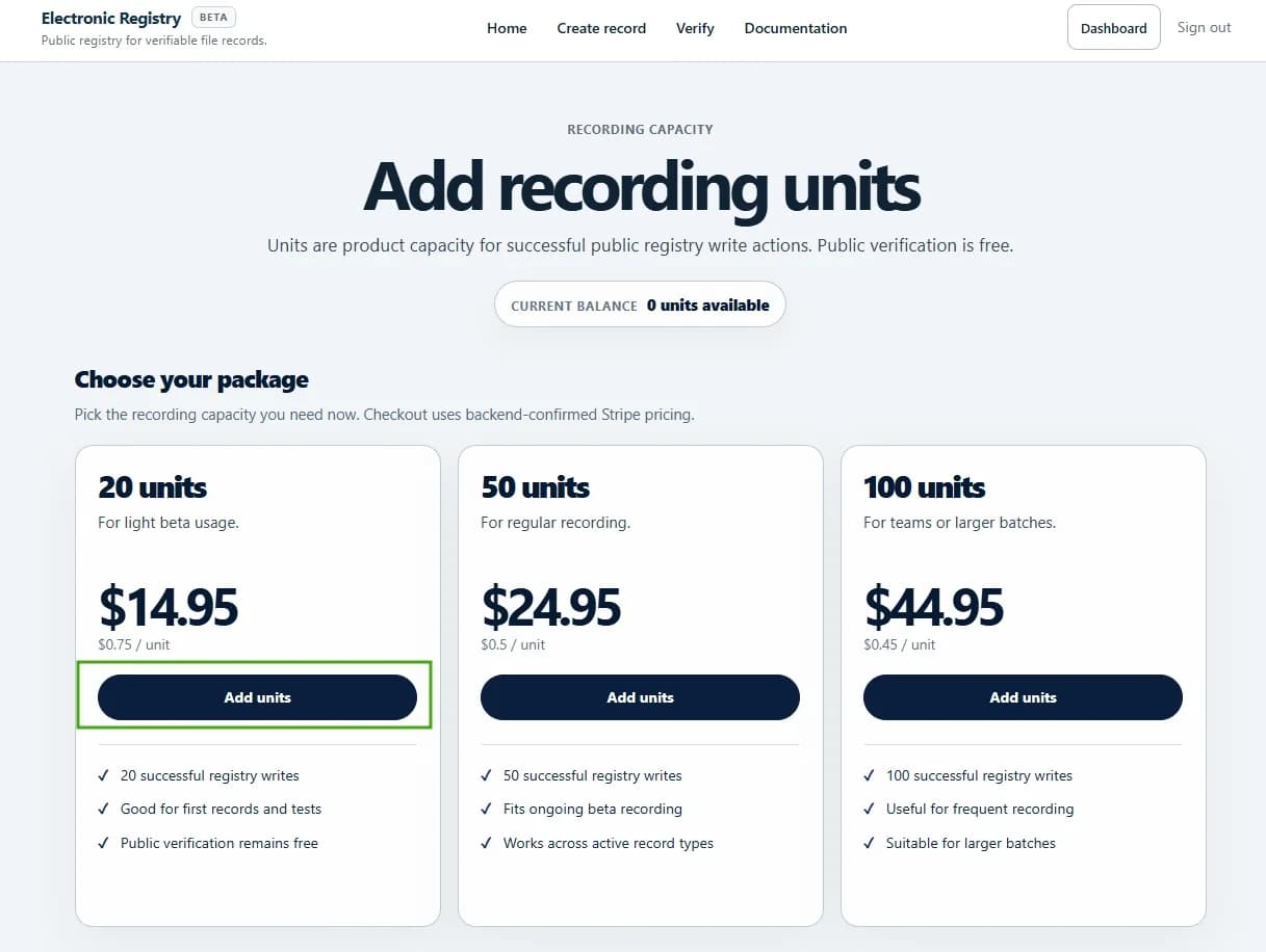 Add recording units page showing available unit packages and Add units buttons.